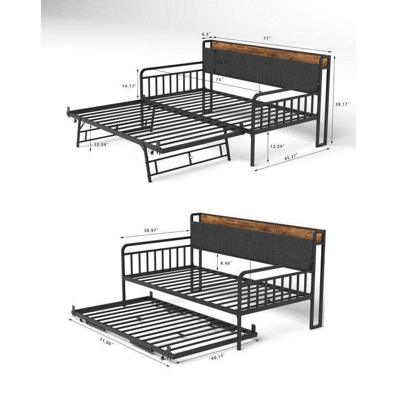 Siyah Metal Yavru Yataklı Şarj İstasyonlu ve RGB LED Işıklı Daybed Karyola - 197x102 cm - 330221