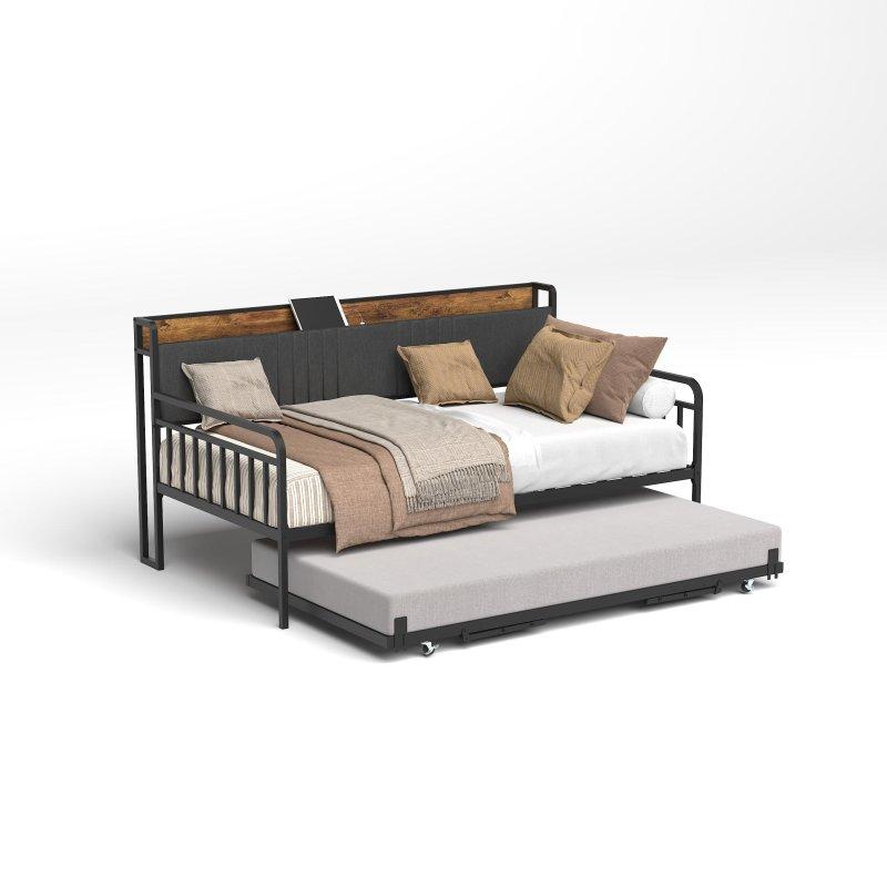 Siyah Metal Yavru Yataklı Şarj İstasyonlu ve RGB LED Işıklı Daybed Karyola - 197x102 cm - 330221