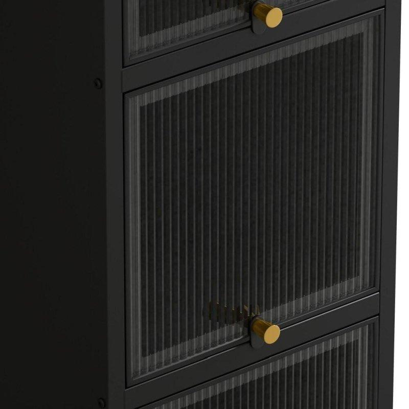 Siyah Metal Yivli Cam Kapaklı 4 Raflı Çok Amaçlı Banyo Dolabı - 36x36x154 cm - 333363
