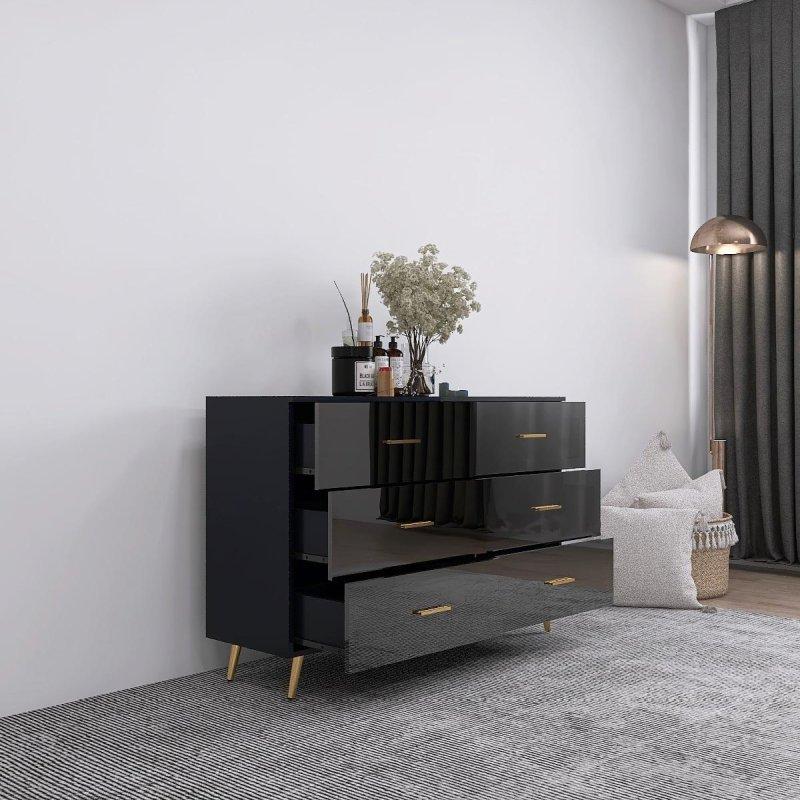 Siyah Parlak Yüzeyli Gold Detaylı 6 Çekmeceli Ahşap Şifonyer - 306486