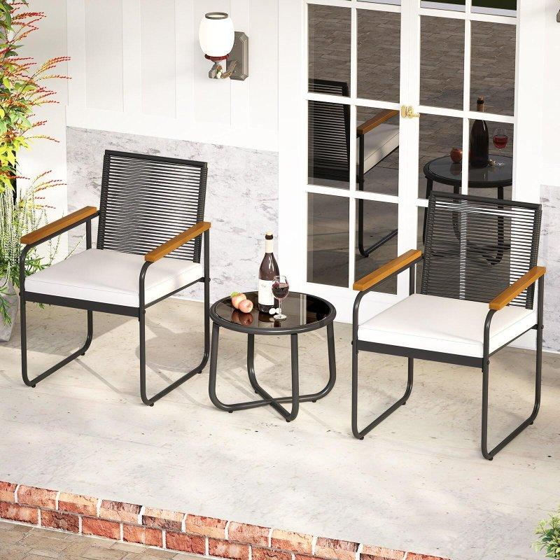 Siyah PE Rattan Akasya Ahşap Kolçaklı Minderli 3 Parça Bahçe Takımı - 268189
