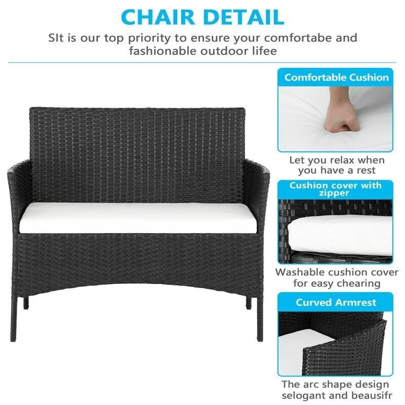 Siyah PE Rattan Minderli Cam Tablalı 4 Parça Bahçe Takımı - 268774