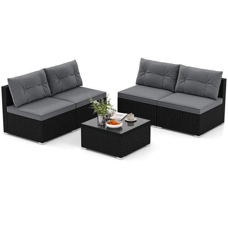 Siyah PE Rattan Modüler 5 Parça Minderli Bahçe Takımı - 268766