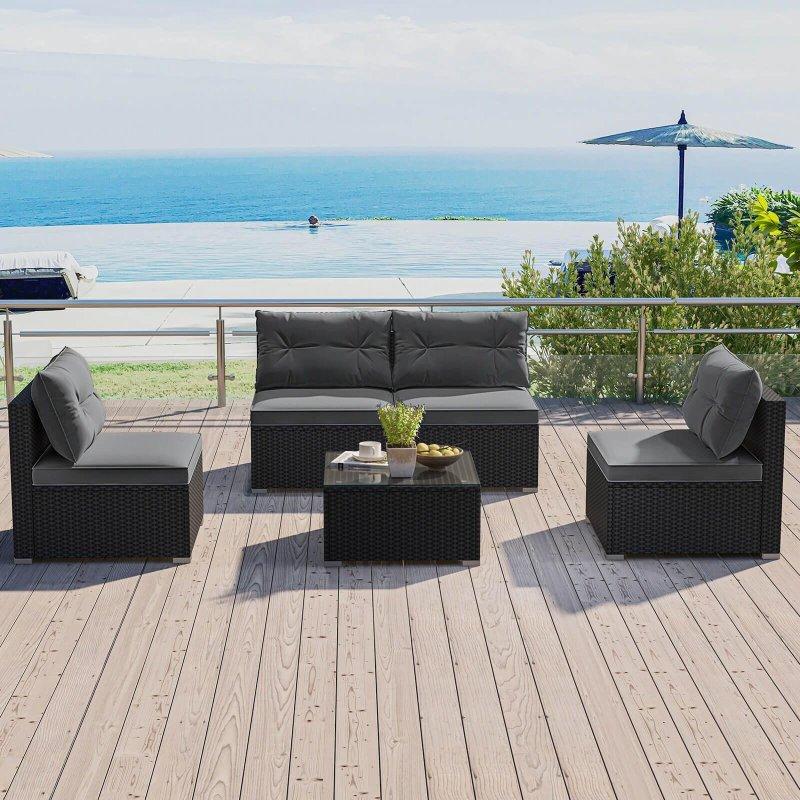 Siyah PE Rattan Modüler 5 Parça Minderli Bahçe Takımı - 268766