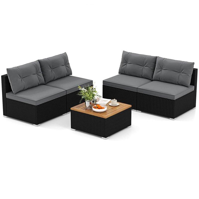 Siyah PE Rattan ve Akasya Ahşap Minderli 4 Kişilik Modüler Bahçe Takımı - 271672