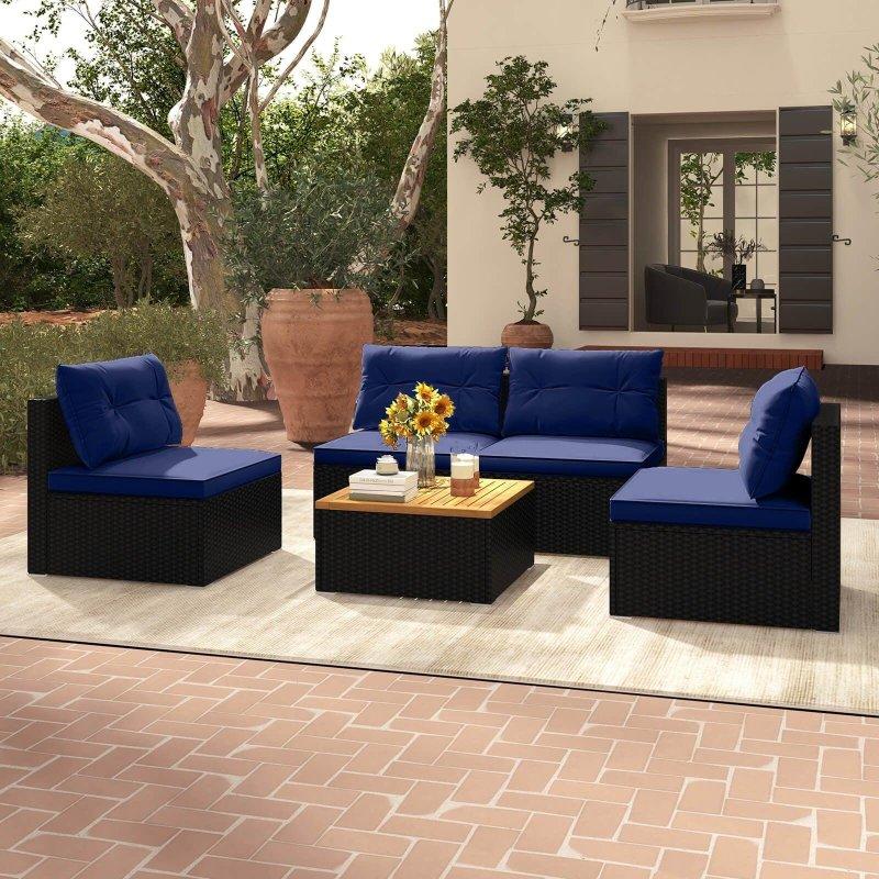 Siyah PE Rattan ve Akasya Ahşap Minderli 4 Kişilik Modüler Bahçe Takımı - 271672