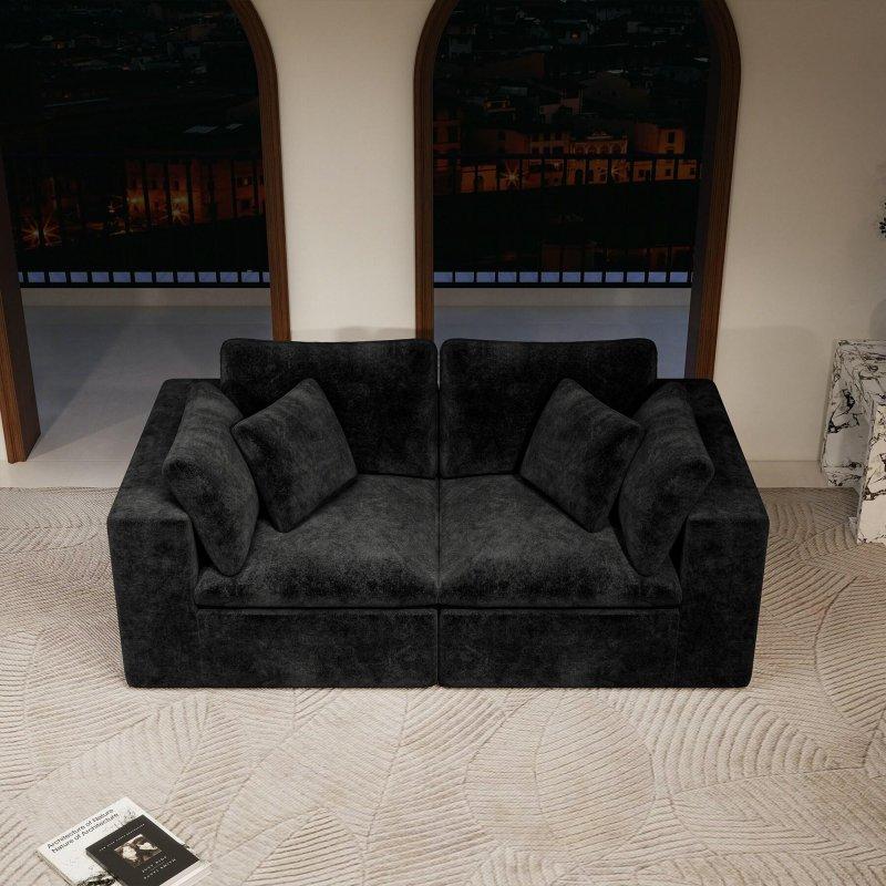 Siyah Pelüş Kadife Modüler Yastık Sırtlı Bohem Koltuk - 201x101 cm - 293471
