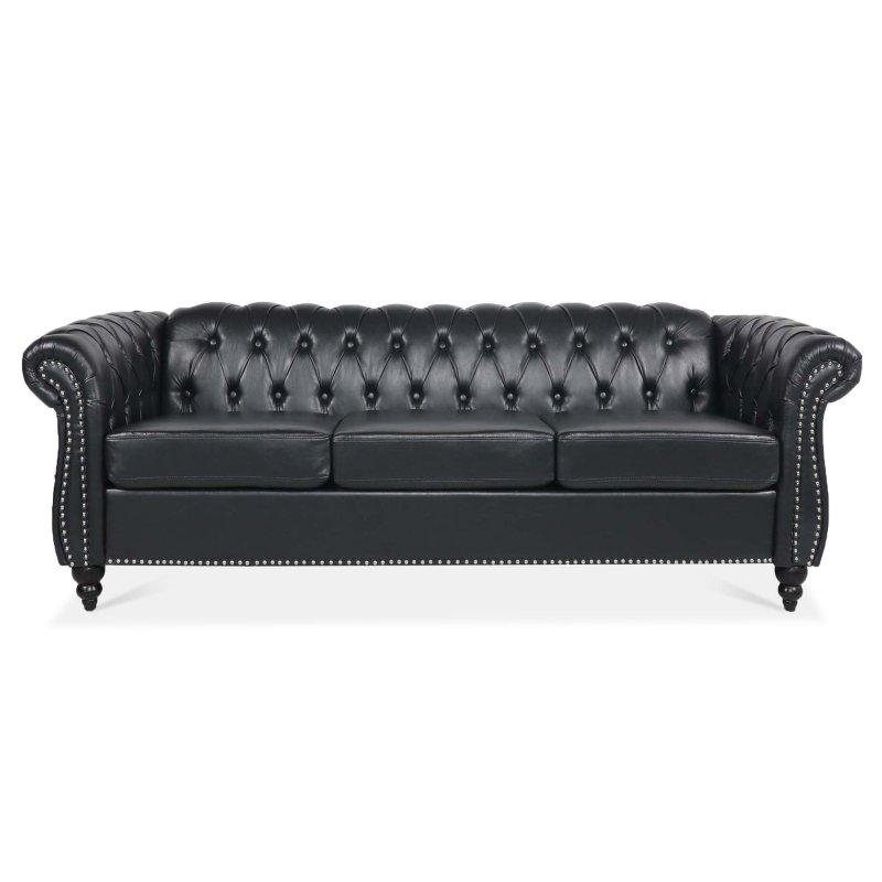 Siyah PU Deri Kıvrımlı Kollu Üç Kişilik Chesterfield Bohem Koltuk - 215x82x73 cm - 288234