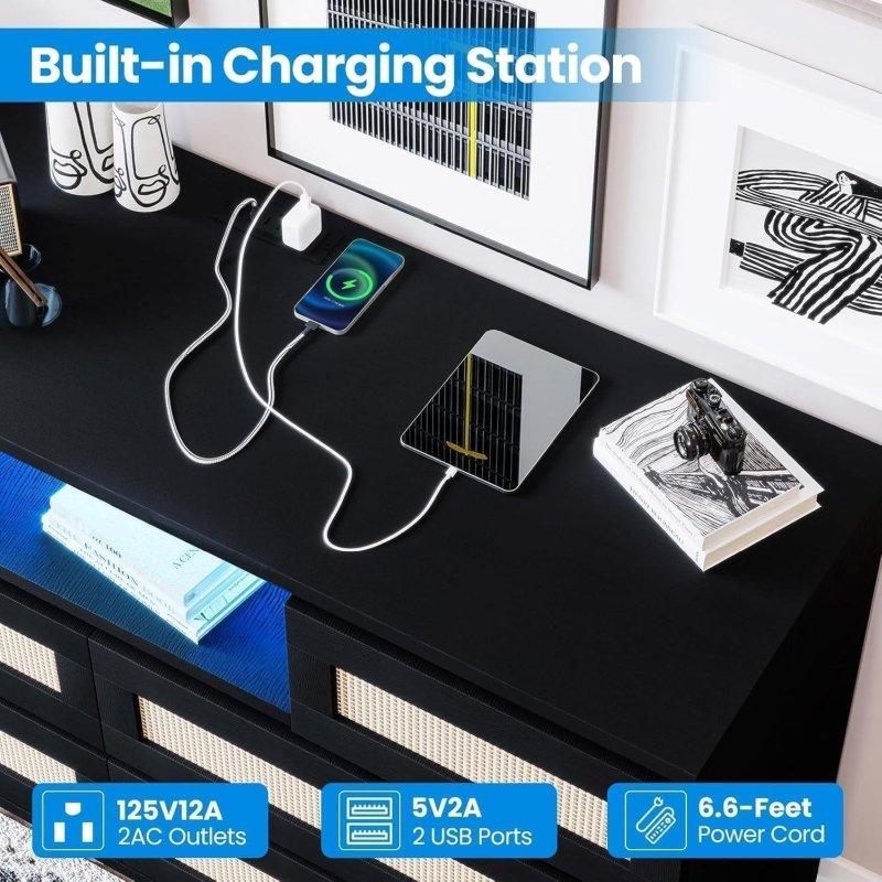 Siyah Rattan 6 Çekmeceli LED Işıklı ve Prizli MDF Şifonyer - 304815