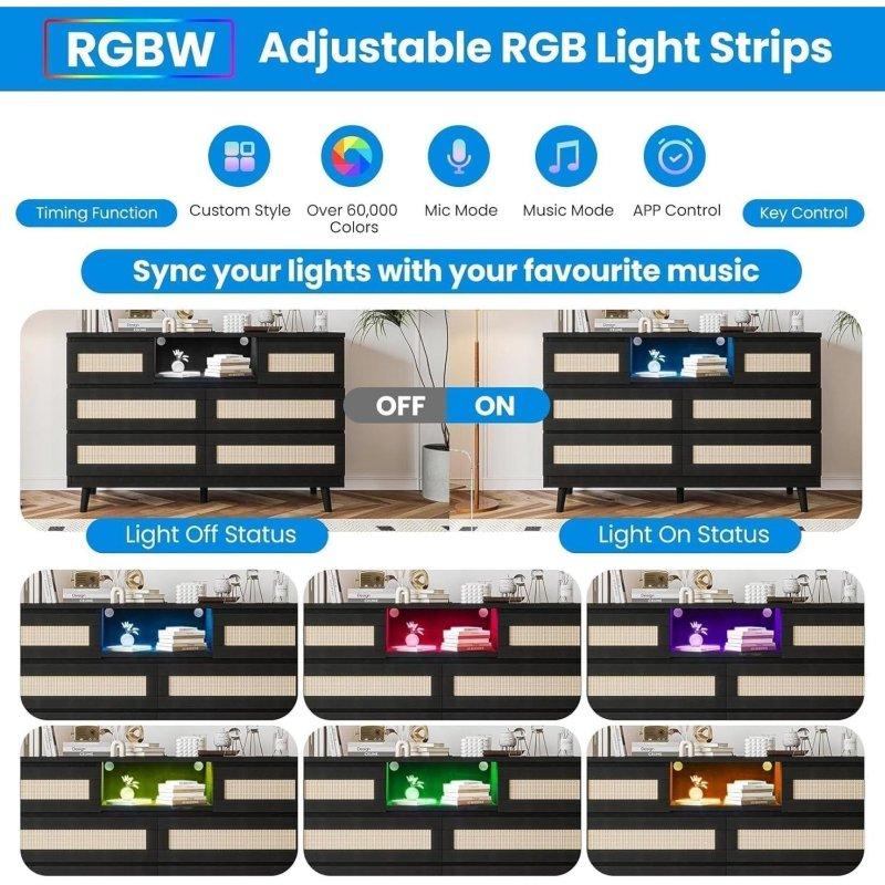 Siyah Rattan 6 Çekmeceli LED Işıklı ve Prizli MDF Şifonyer - 304815