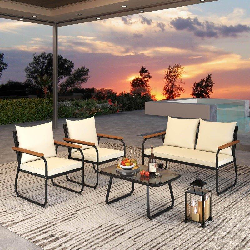 Siyah Rattan Akasya Ahşap Kolçaklı Minderli Bahçe Takımı - 270179