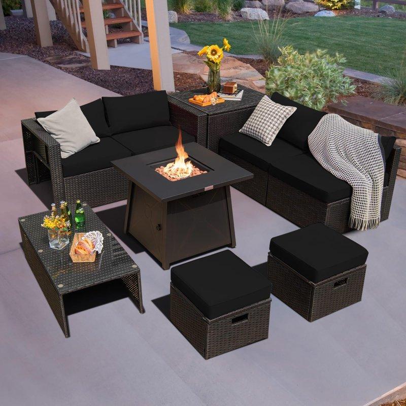Siyah Rattan Ateş Çukurlu Yer Tasarruflu 9 Parça Bahçe Takımı - 274551