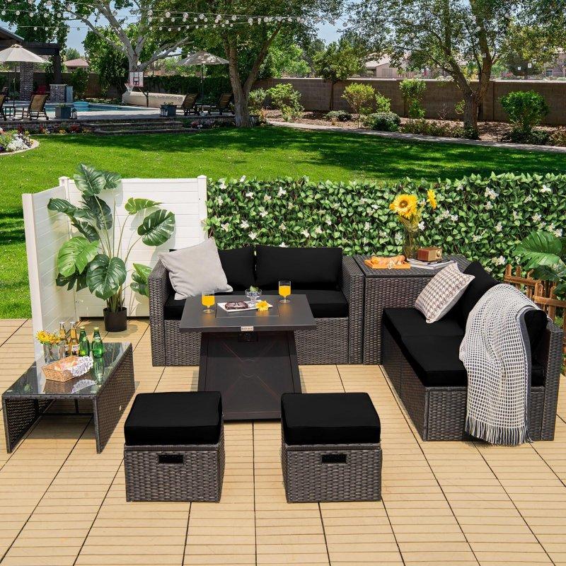 Siyah Rattan Ateş Çukurlu Yer Tasarruflu 9 Parça Bahçe Takımı - 274551