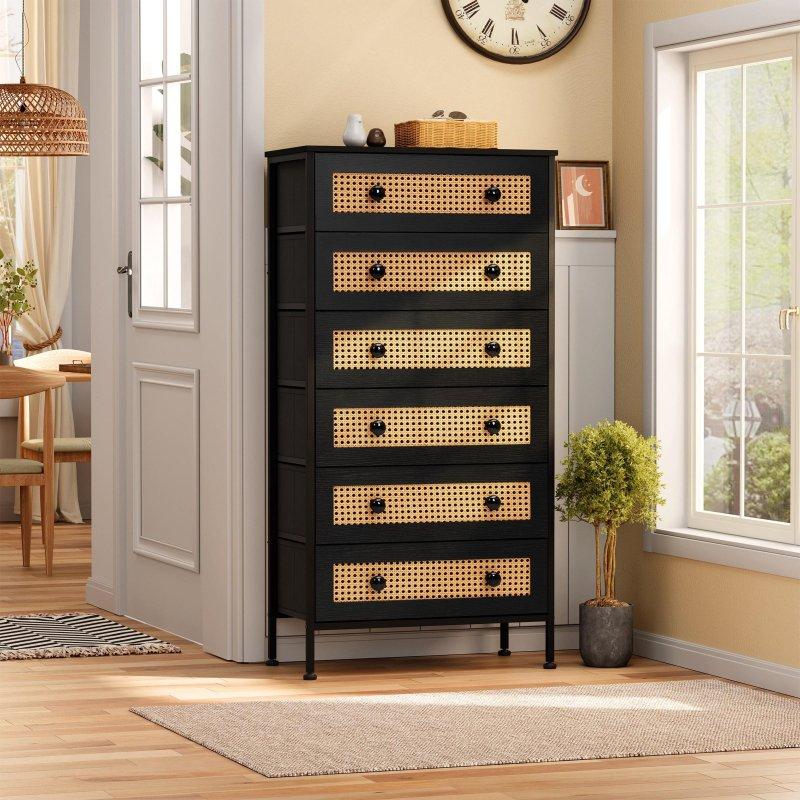 Siyah Rattan Desenli 6 Çekmeceli Çelik Şifonyer - 59x30x117 cm - 311326