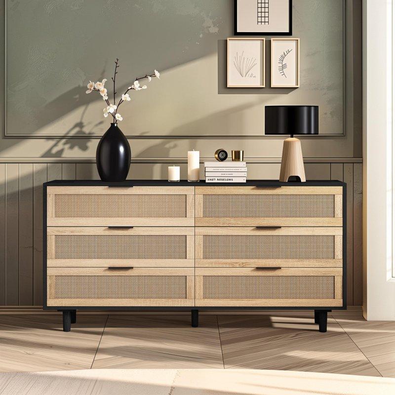 Siyah Rattan Detaylı 6 Çekmeceli MDF Şifonyer - 150 cm - 307831