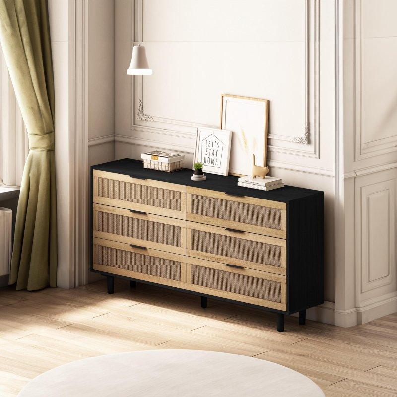 Siyah Rattan Detaylı 6 Çekmeceli MDF Şifonyer - 150 cm - 307831