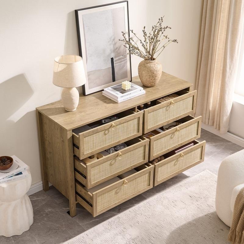 Siyah Rattan Hasır Örgülü 6 Çekmeceli Gold Kulplu MDF Şifonyer - 296263