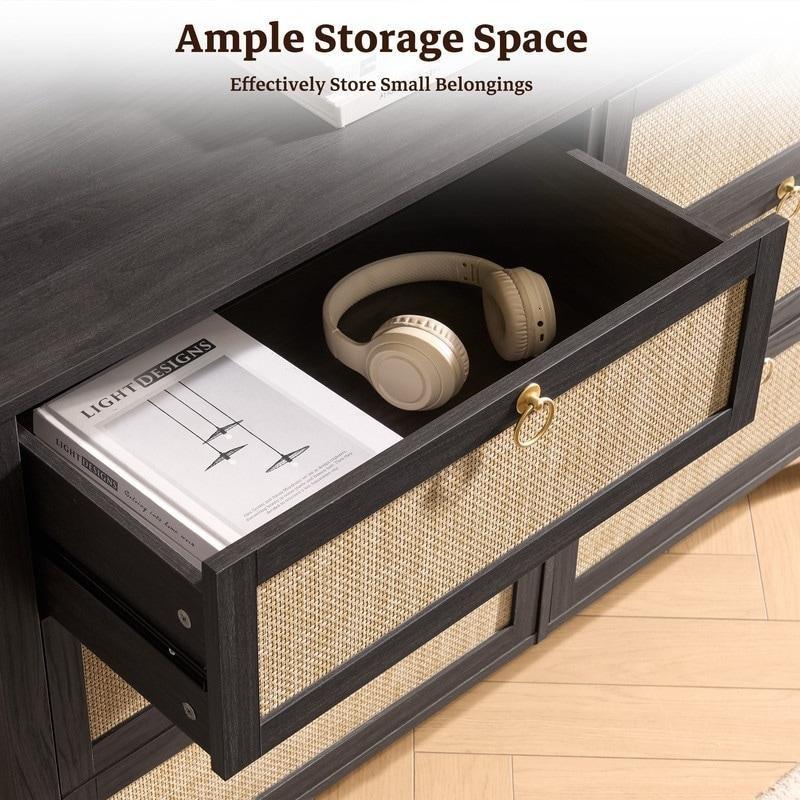 Siyah Rattan Hasır Örgülü 6 Çekmeceli Gold Kulplu MDF Şifonyer - 296263