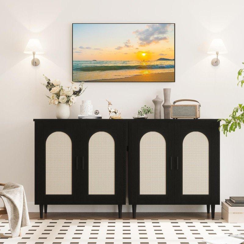 Siyah Rattan Kapaklı Masif Ahşap Ayaklı Bohem Konsol - 324904