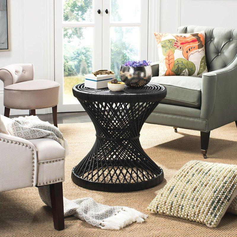 Siyah Rattan Kavisli Tasarım Yuvarlak Orta Sehpa - 61x61x61 cm - 240069