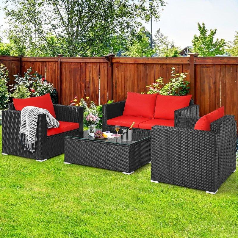 Siyah Rattan Mavi Minderli 4 Parça Bahçe Takımı - 268175