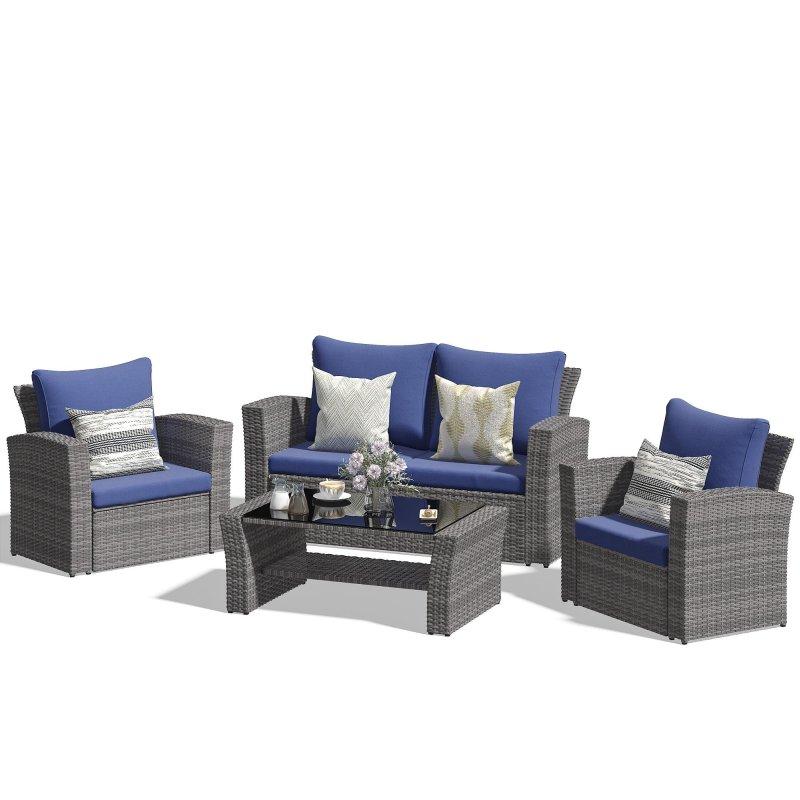 Siyah Rattan Mavi Minderli 4 Parça Bahçe Takımı - 275778