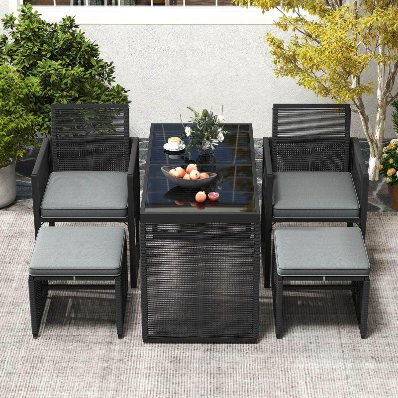 Siyah Rattan Metal Çerçeveli Kompakt Tasarımlı 5 Parça Bahçe Takımı - 273516