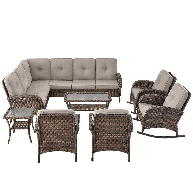 Siyah Rattan Metal İskeletli Gri Minderli Modüler Sallanan Sandalyeli L Köşe Bahçe Takımı - 276984