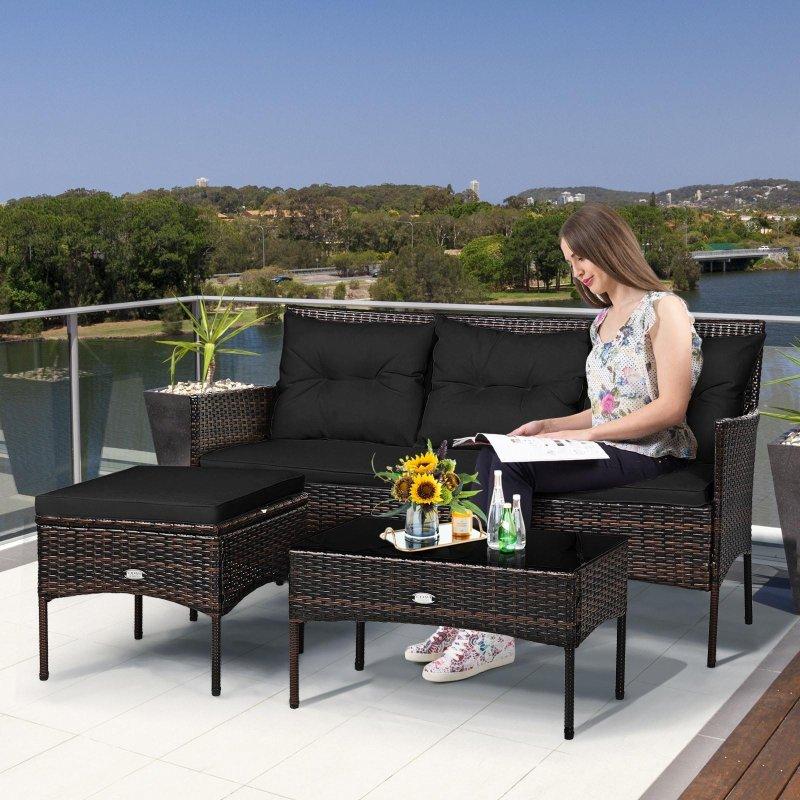 Siyah Rattan Minderli 3 Parça Bahçe Takımı - 153 cm - 273791