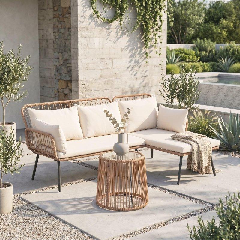 Siyah Rattan Minderli 3 Parça Köşe Bahçe Takımı - 275623