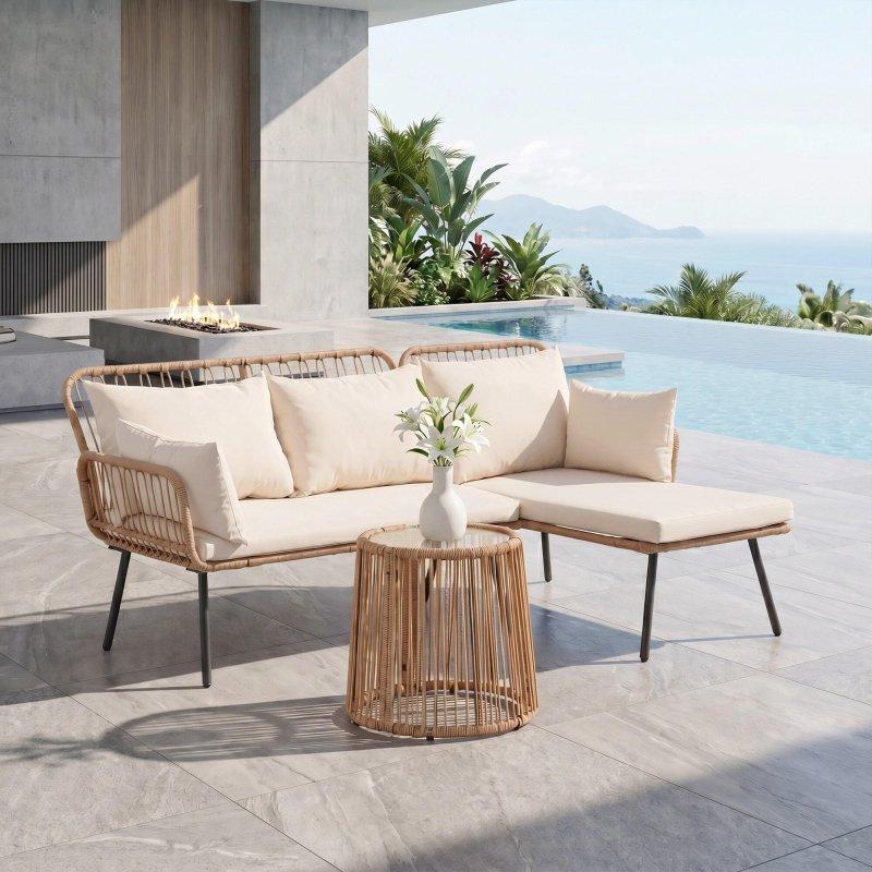Siyah Rattan Minderli 3 Parça Köşe Bahçe Takımı - 275623