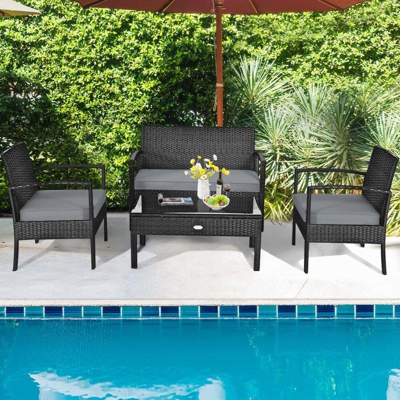 Siyah Rattan Minderli 4 Parça Bahçe Takımı - 275035