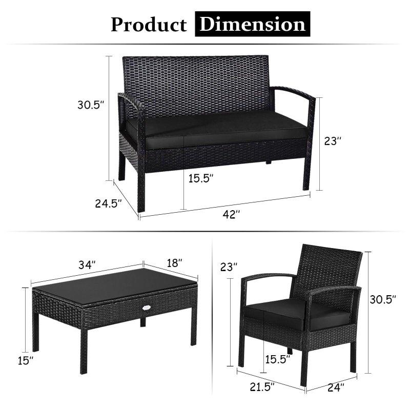 Siyah Rattan Minderli 4 Parça Bahçe Takımı - 276865