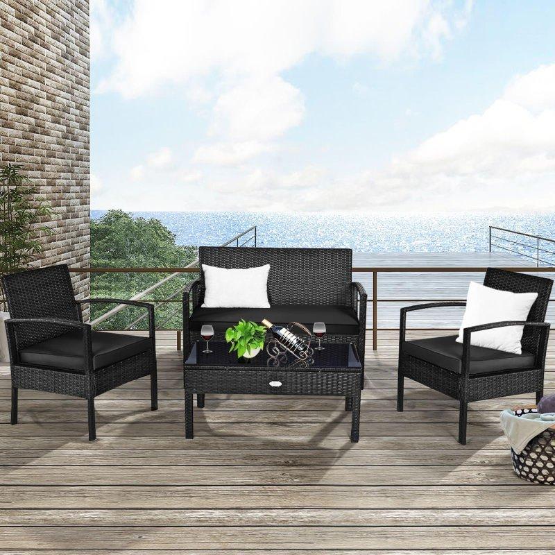 Siyah Rattan Minderli 4 Parça Bahçe Takımı - 276865