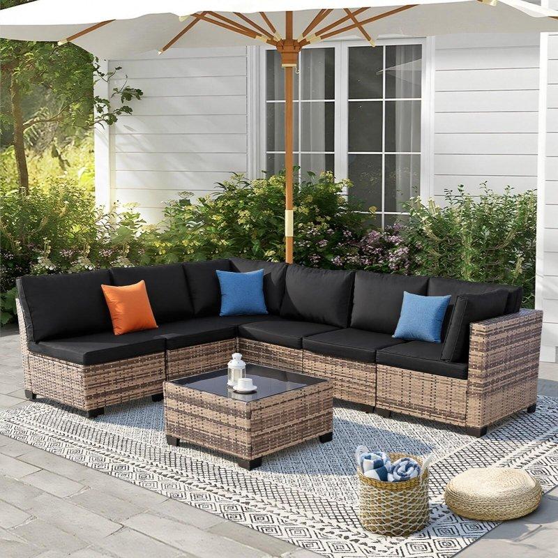 Siyah Rattan Minderli 7 Parçalı Modüler Bahçe Takımı - 268150