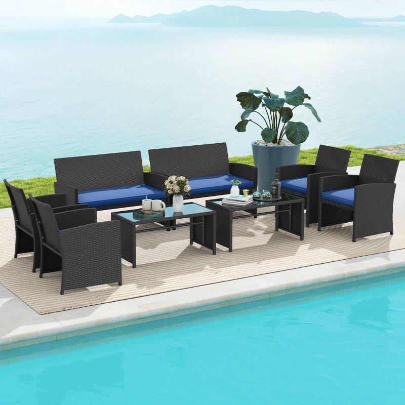 Siyah Rattan Minderli 8 Kişilik Cam Tablalı Bahçe Takımı - 270044
