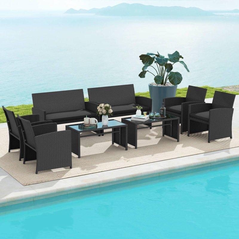 Siyah Rattan Minderli 8 Kişilik Cam Tablalı Bahçe Takımı - 270044