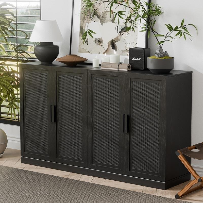 Siyah Rattan Panelli Meşe Kaplama 4 Kapaklı Bohem Konsol - 325372