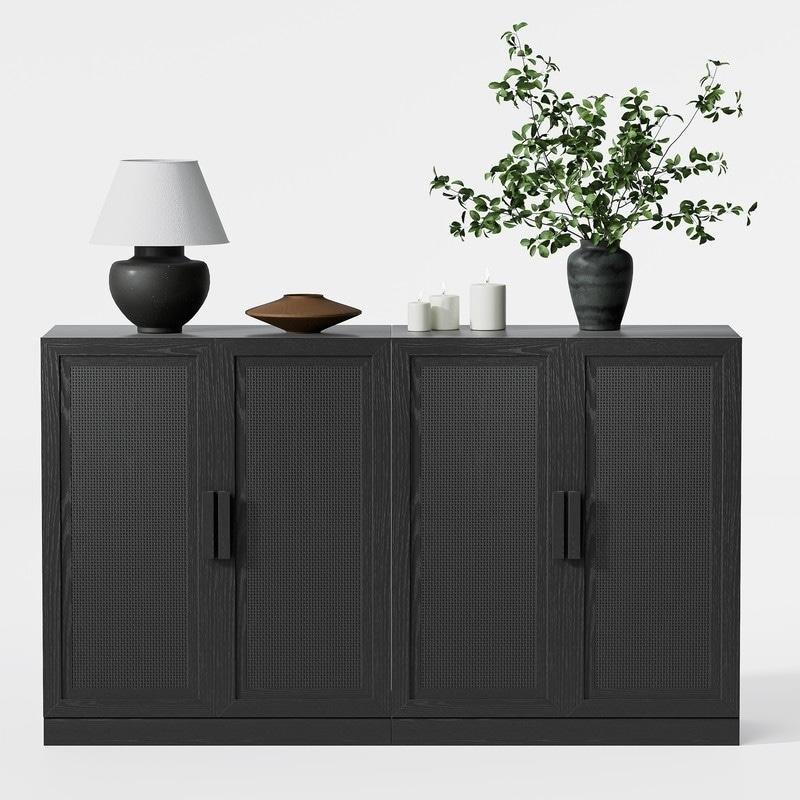 Siyah Rattan Panelli Meşe Kaplama 4 Kapaklı Bohem Konsol - 325372