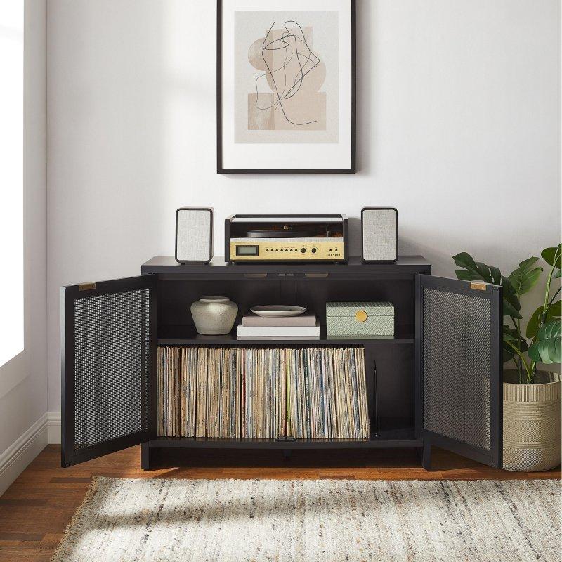 Siyah Rattan Panelli Plak Saklama Alanlı Medya Kitaplığı - 102 cm - 315267