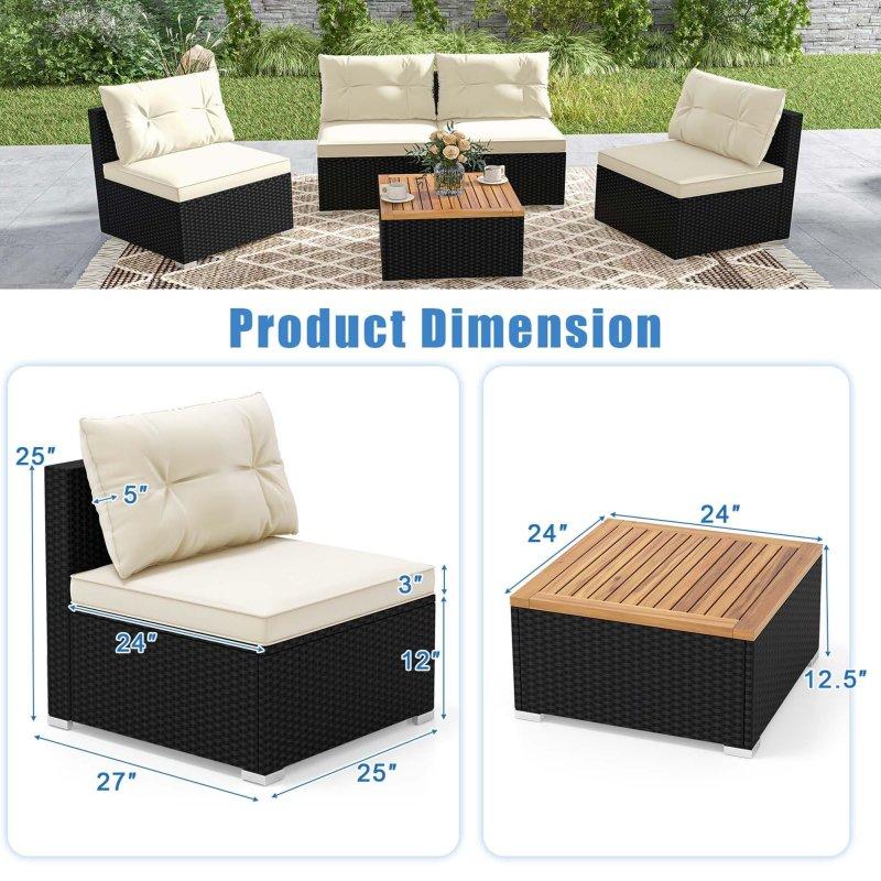 Siyah Rattan ve Akasya Ahşap 5 Parça Modüler Minderli Bahçe Takımı - 274123