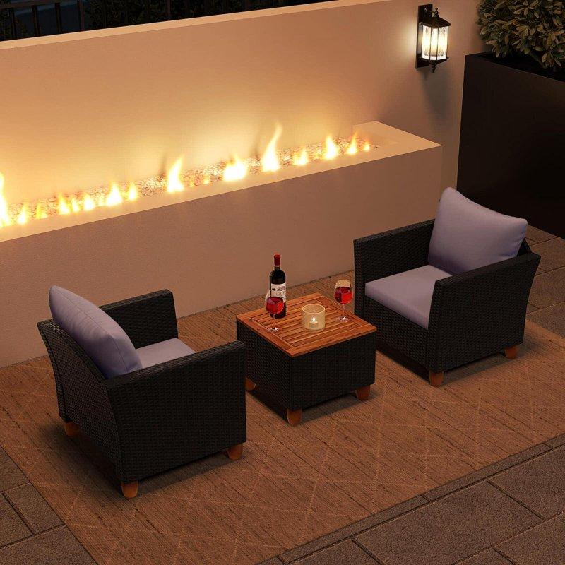 Siyah Rattan ve Akasya Ahşap Depolamalı Minderli Bahçe Takımı - 277031