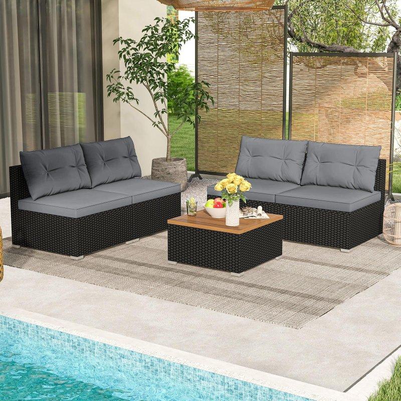 Siyah Rattan ve Akasya Ahşap Gri Minderli Modüler 5 Parça Bahçe Takımı - 270890