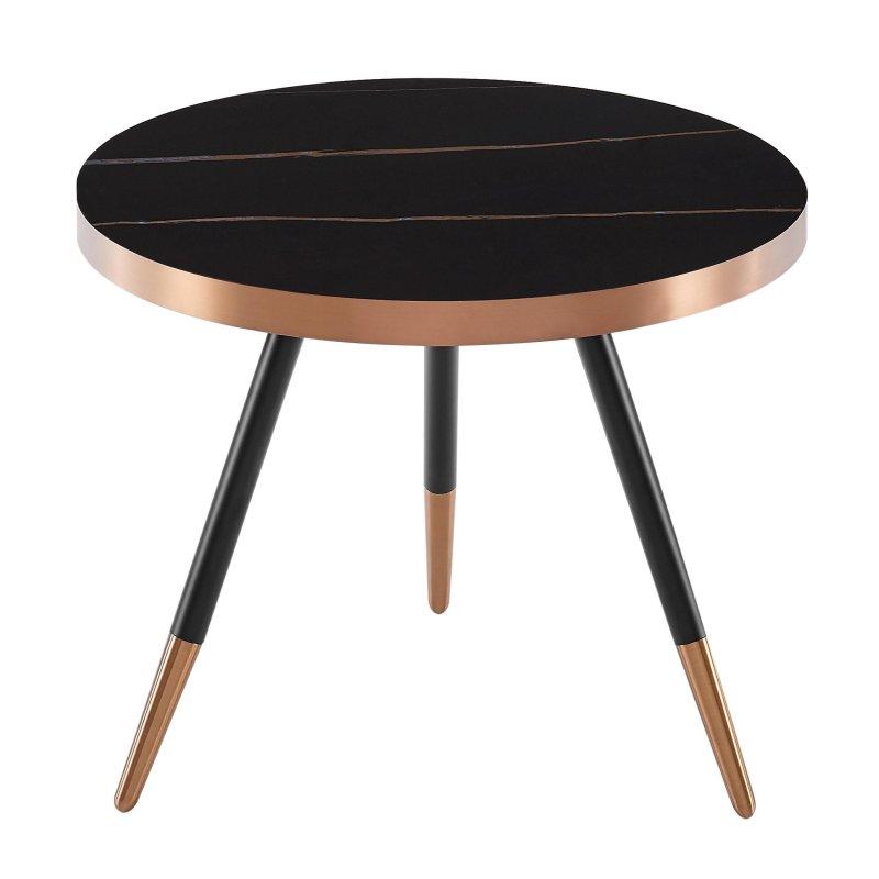 Siyah Seramik ve Cam Tablalı Rose Gold Detaylı 3 Ayaklı Yuvarlak Orta Sehpa - Çap 51 cm - 240734