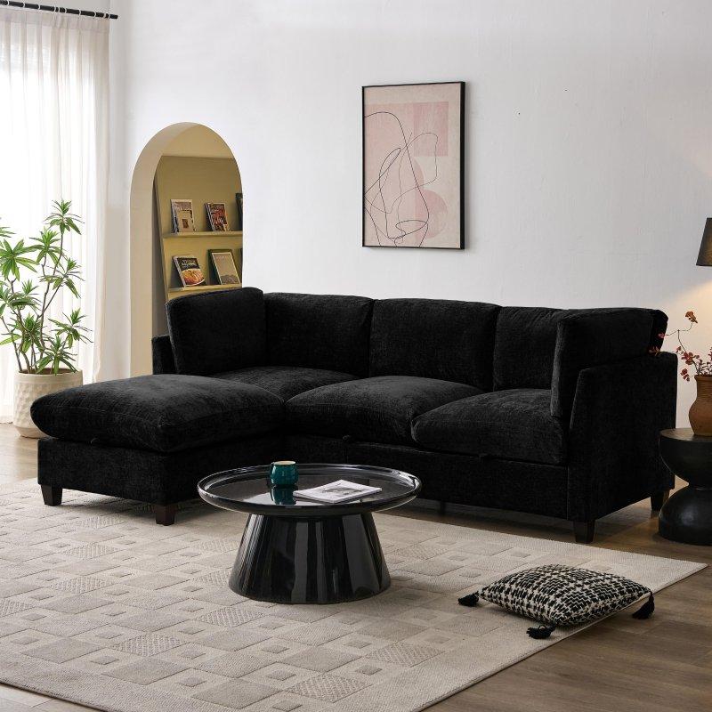 Siyah Şönil Kumaş Masif Ahşap İskeletli Puflu Köşeli Bohem Koltuk - 246x171 cm - 289043