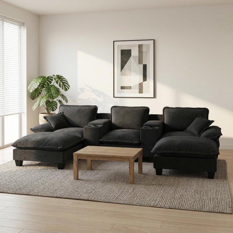 Siyah Şönil Kumaş Masif Ahşap ve MDF USB Portlu Saklama Alanlı Modüler Bohem Koltuk - 324x155x90 cm - 291950