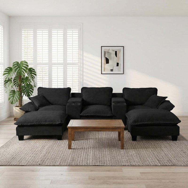 Siyah Şönil Kumaş Masif Ahşap ve MDF USB Portlu Saklama Alanlı Modüler Bohem Koltuk - 324x155x90 cm - 291950