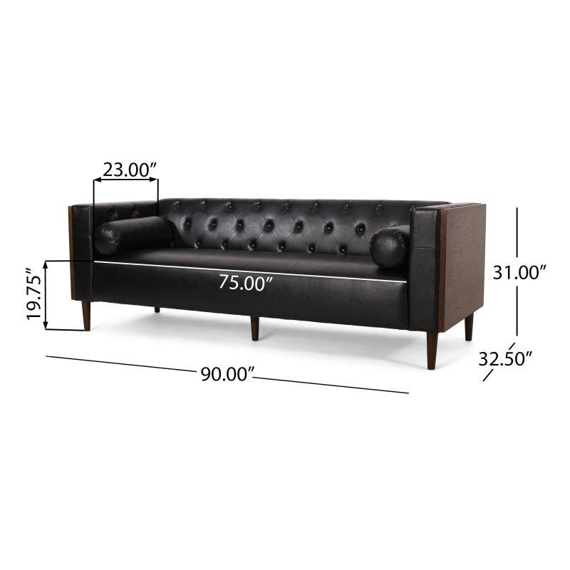 Siyah Suni Deri Baklava Dikişli Ahşap Detaylı 3 Kişilik Bohem Koltuk - 229x82x79 cm - 293051
