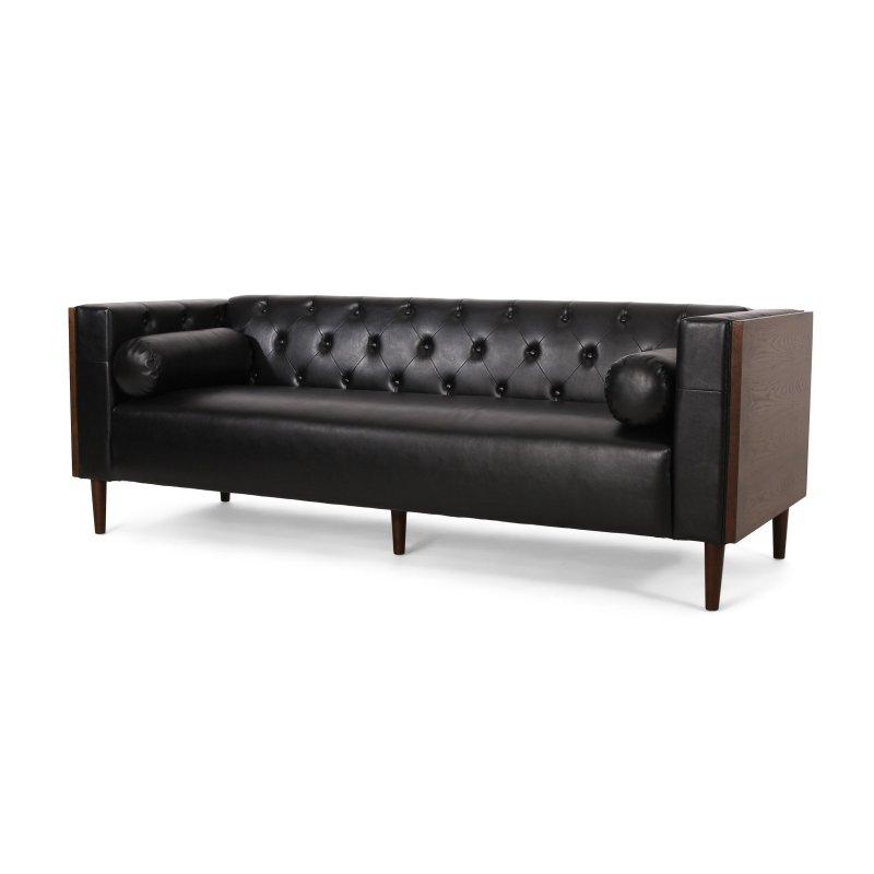 Siyah Suni Deri Baklava Dikişli Ahşap Detaylı 3 Kişilik Bohem Koltuk - 229x82x79 cm - 293051