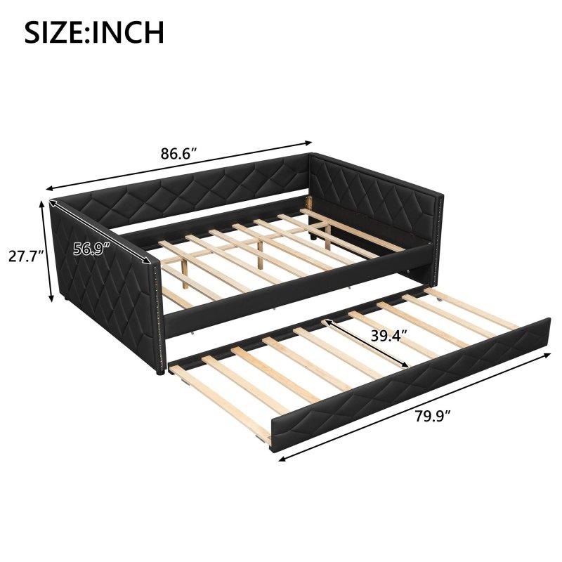 Siyah Suni Deri Döşemeli LED Aydınlatmalı Yavru Yataklı Daybed Karyola - 329966